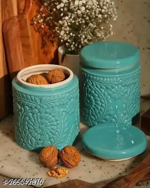 Flower patterned ceramic jars, set of 2, green color