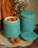 Flower patterned ceramic jars, set of 2, green color
