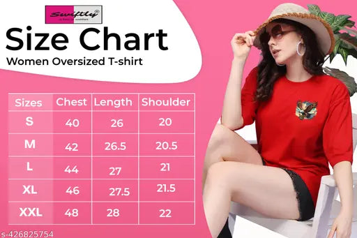 Women's oversized half sleeve t-shirt with eagle print, size chart available