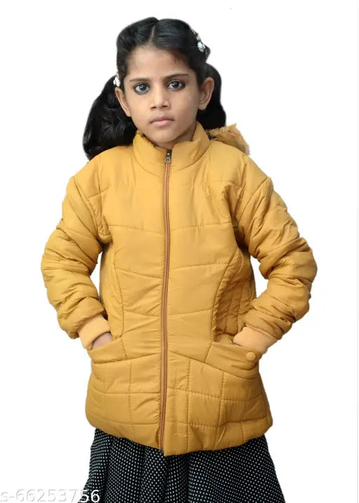 Yellow puffer coat with hood, girl wearing it