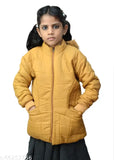 Yellow puffer coat with hood, girl wearing it