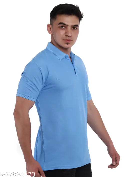 Blue cotton blend JMDE men's collarneck t-shirt, versatile for office and sports wear