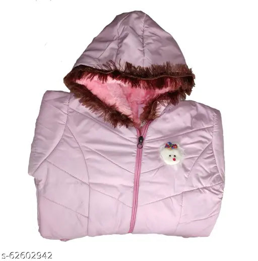 Pink and white children's winter jacket with a cap, fur trim hood, and a small embroidered character