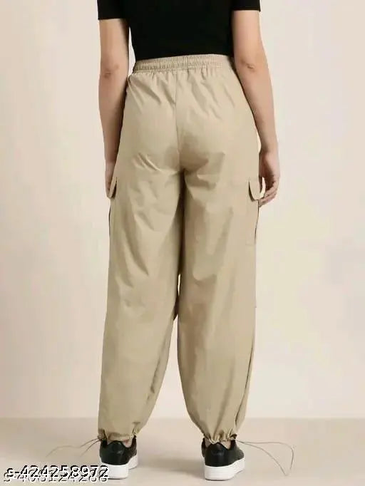 Solid olive green women's cargo jogger pants, elastic waist, khaki fabric