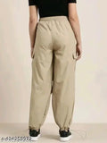 Solid olive green women's cargo jogger pants, elastic waist, khaki fabric