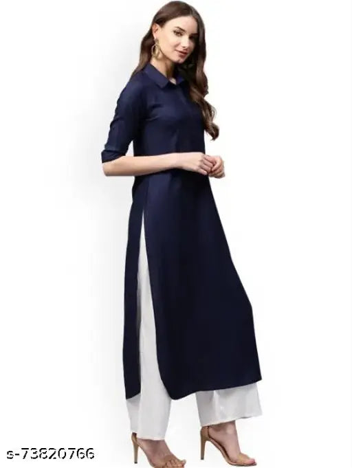 Navy Blue Rayon Solid Kurta with Palazzos - Indian ethnic wear for women, short-sleeved, shirt collar, curved hem, side slits