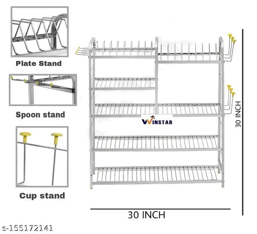 Stainless steel wall mount kitchen storage rack with plate and cutlery stand, modular design, upper plate for additional plate storage, 5 shelves for utensils