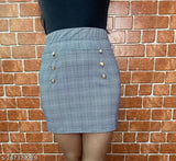Cotton blend printed checked skirt, fitted & smoothing for women's wardrobe. High waist with covered elastic and raw edge hem. Extra panel stitch for better stretch and fit, available in sizes 26-32. India origin