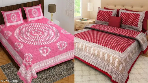 Double Jaipuri bedsheet set with four pillow covers in red, white, and pink colors made of pure cotton