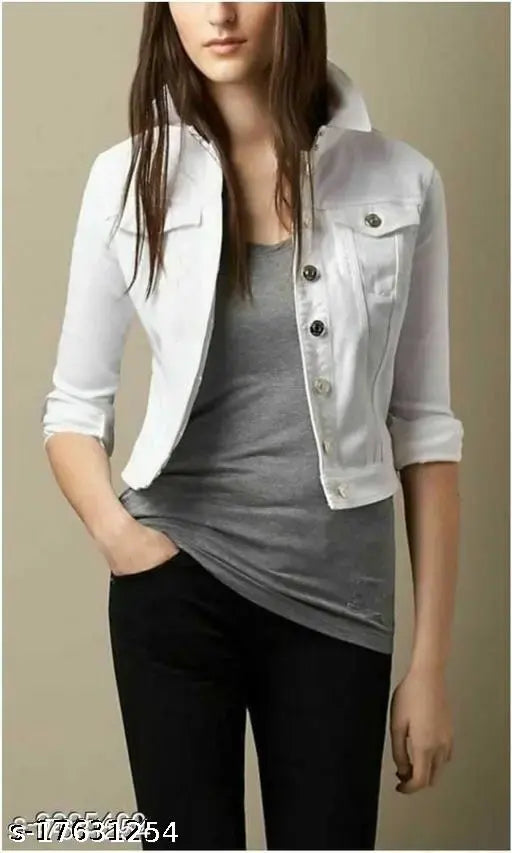 Denim full sleeve cotton jacket for girls, trendy solid design, three-quarter sleeves