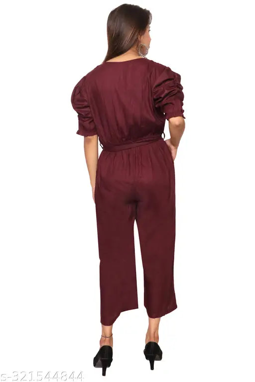 Maroon rayon long jumpsuit with puff sleeves, V-neck, pockets, and coordinating belt - Trendy women's fashion from India