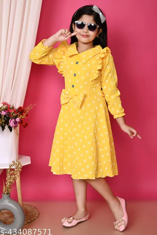 Yellow casual dress, full sleeves, midi-knee length party or festive wear for girls