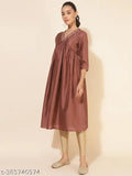Brown crepe silk embellished empire kurta for women, single solid pattern, three-quarter sleeves, Indian handcrafted fashion on mannequin
