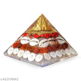 Swara Agate crystal laxmi pyramid with Rudraksha Shree Yantra, Gomati Chakra, Kauri, and Ratti seeds - Feng Shui showpiece for Vastu wealth, good luck, and prosperity (3.5" x 3.5" x 3.5")