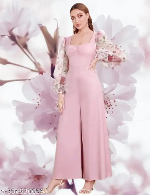 Lycra pink flower print jumpsuit for women, solid net, long sleeves, size N