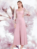 Lycra pink flower print jumpsuit for women, solid net, long sleeves, size N