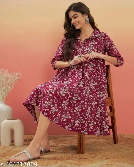 Maroon printed 3/4 sleeve rayon kurta for women, stylish and elegant ethnic wear from Demirner, India