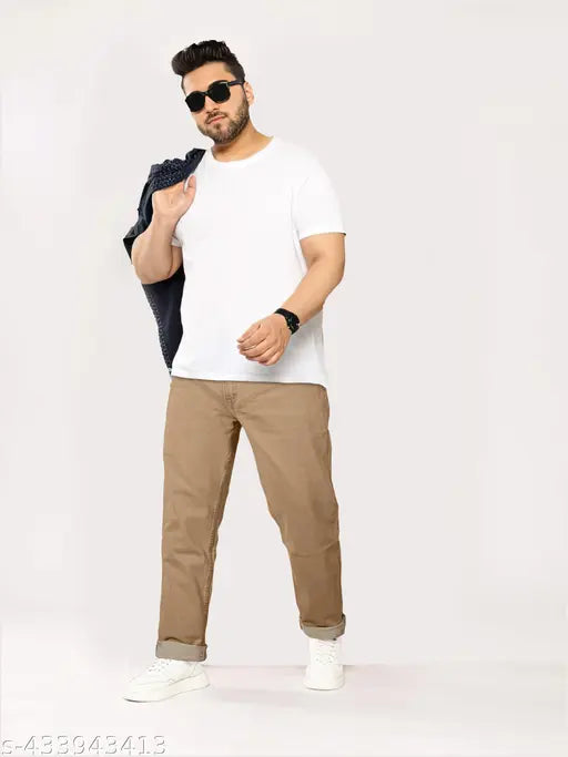 Rigbone men's relaxed brown denim jeans, stylish and comfortable for casual, party, and office wear. Plus size with stretchable fabric, regular fit, mid-rise, regular length, zip fly closure, available in sizes 40, 42, 44, 46, 48 (inches). Made in India