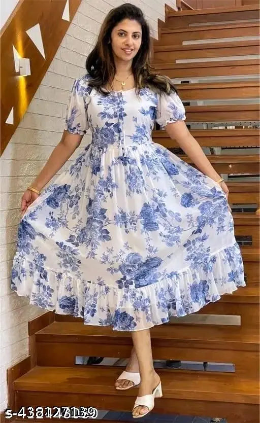 Assorted Georgette printed net Western gowns for women (S-XXL), elegant and stylish short dresses, Indian origin