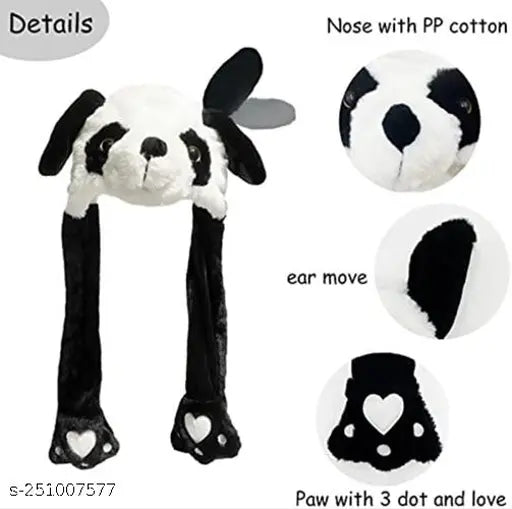 Panda-themed plush hat with ear movement and glowing LEDs. Black and white design for kids, women, or girls age 8 years