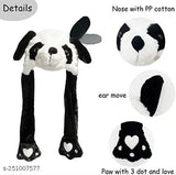 Panda-themed plush hat with ear movement and glowing LEDs. Black and white design for kids, women, or girls age 8 years