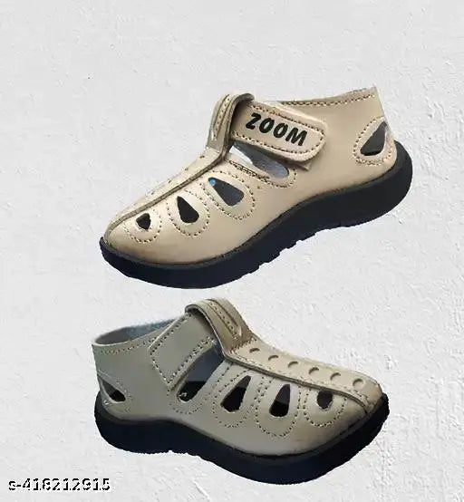 Tan leather sandals with a black strap and '100M' embossed, in various sizes