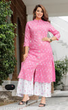 Rayon printed kurta set with palazzos, featuring three-quarter sleeves and side slits. Sky blue, pink, and beige design on Indian rayon fabric