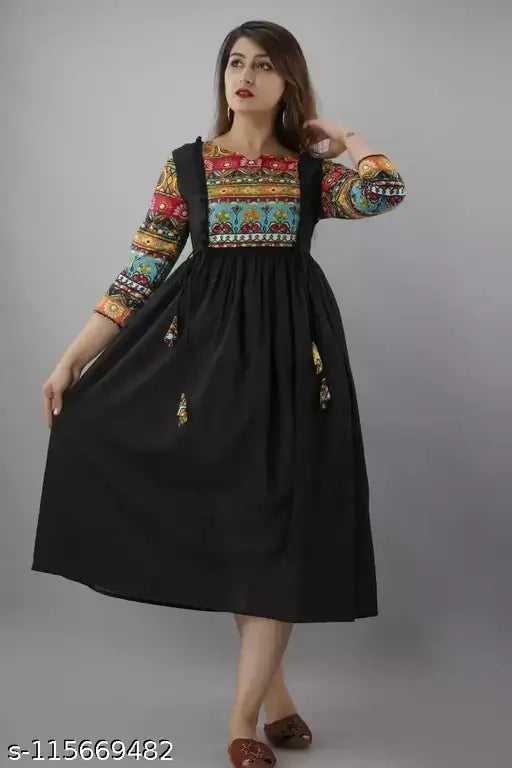 Women's printed rayon long black anarkali kurta with vibrant colors and pattern, perfect for festive occasions