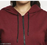 Maroon fleece zip-up hoodie for plus size women, solid pattern, long sleeves, sizes XXL, XXXL, 4XL. Made in India