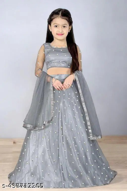 Polka print art silk Lehenga Choli and dupatta set for girls party wear, embellished long sleeves with stitched net detail, size 2-15 years