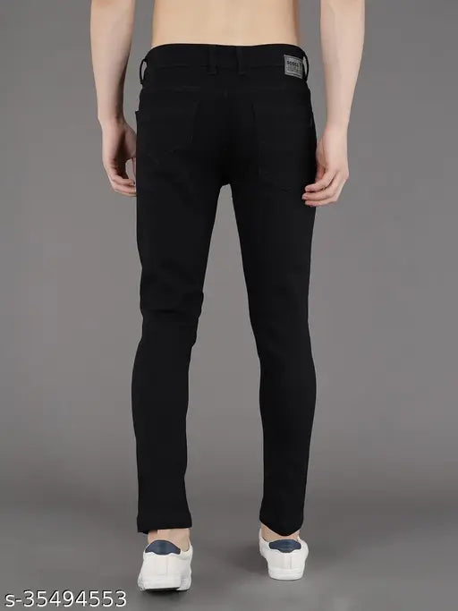 Black denim slim fit jeans for men by PODGE, durable and stretchable fabric with comfortable pockets, made in India