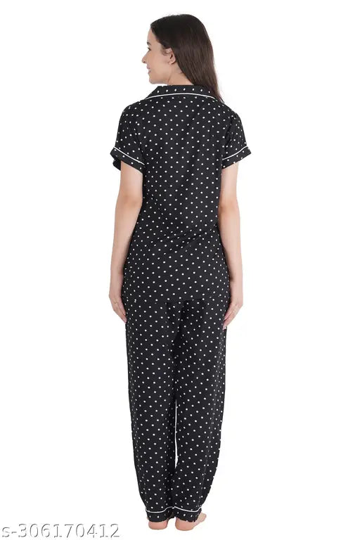 Black Rayon Polka Dot Night Suit for Girls - ARUSHI print & rayon nightwear