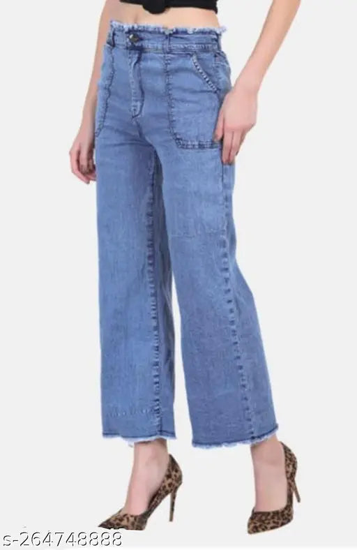 High waist blue denim jeans combo: women's regular fit ankle length with printed t-shirt, denim & flared style, India origin