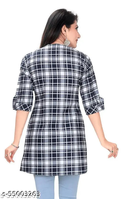 Cotton printed checkered top, three-quarter sleeves, GMK Fashions women's apparel from India