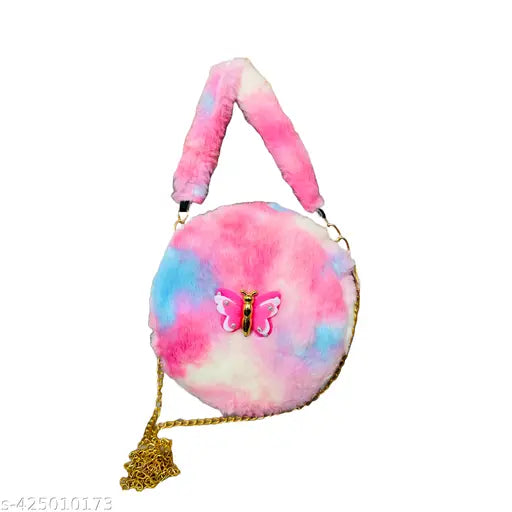 Colorful fur bag with butterfly charm, 1 main compartment