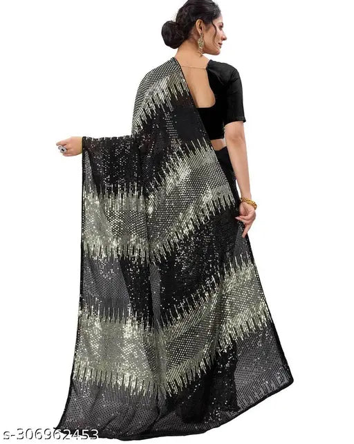 Black and gold georgette saree with plain satin blouse