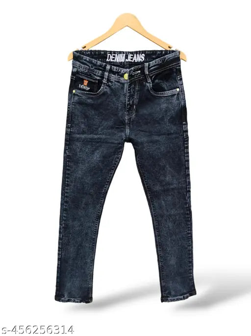 Dark blue distressed denim jeans, men's casual wear