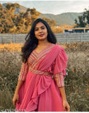 Pink georgette Indo-Western Anarkali gown with ruffled dupatta, intricate embroidery. Perfect for festive occasions and weddings. Single size available. #IndoWesternDress #AnarkaliGown #PinkGown