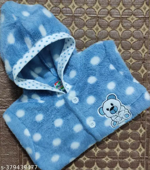 Blue kids hoodie set, wool long sleeves with polka dot furry cartoon print