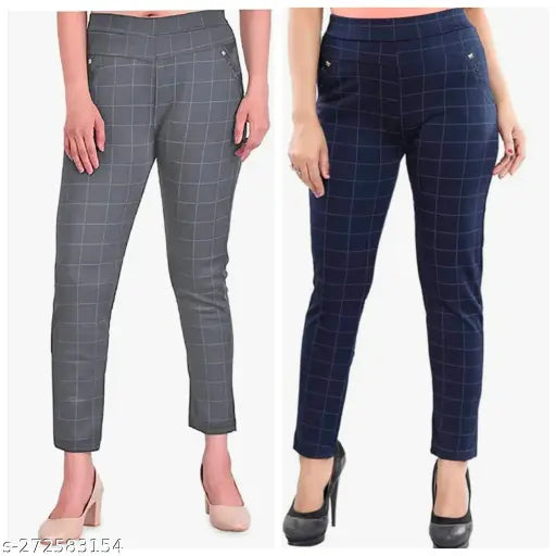 Grey Blue Trendy Women's/Girls Jeggings combo with printed net double pocket lycra fabric, stretchable and comfortable for body fit. Sizes include 24, 26, 28, 30, 32 (India)