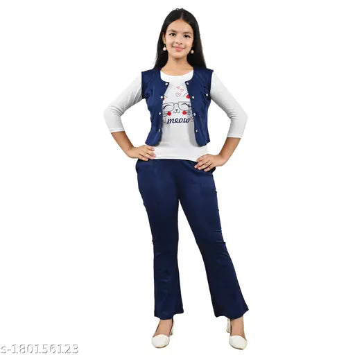 Navy cotton blend three-piece dress set for girls aged 8-15, featuring printed T-shirt, sleeveless jacket, and full-length pant or palazzo dress