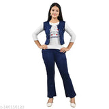 Navy cotton blend three-piece dress set for girls aged 8-15, featuring printed T-shirt, sleeveless jacket, and full-length pant or palazzo dress