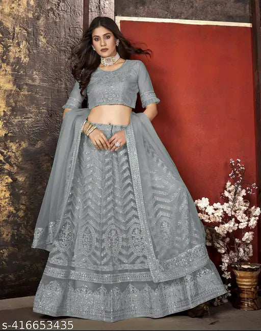 Grey embroidered net Lehenga Choli & Dupatta set, sequinned semi-stitched Indian traditional wear