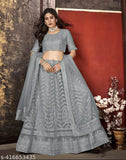 Grey embroidered net Lehenga Choli & Dupatta set, sequinned semi-stitched Indian traditional wear