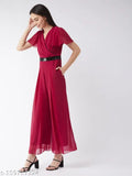 Georgette pink women's solid V-neck jumpsuit with short sleeves, relaxed fit, zip closure, and slit pocket. Made in India