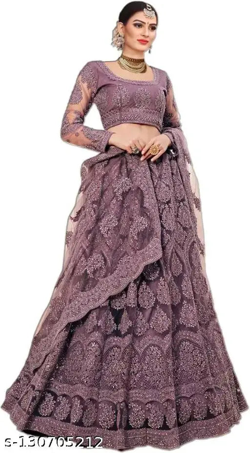 Embroidered net Lehenga Choli set with dupatta, hevi net work, free size (Indian traditional semi-stitched bridal wear)