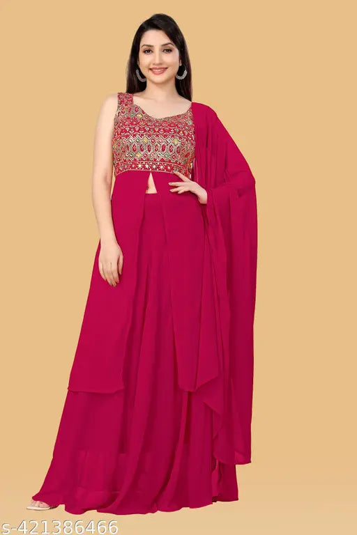 Designer embroidered 3 pis set with 6 puffs, chiffon material, red color
