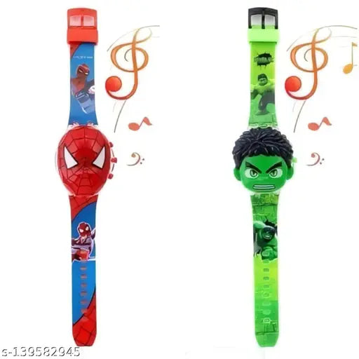 3D Action Figure SpiderMan & Hulk Face Based Toy Design Digital Glowing Watch with Disco Music and Blinking Lights for Kids | for Boys Girls- Good Birthday Return Gift ( Set of 2)