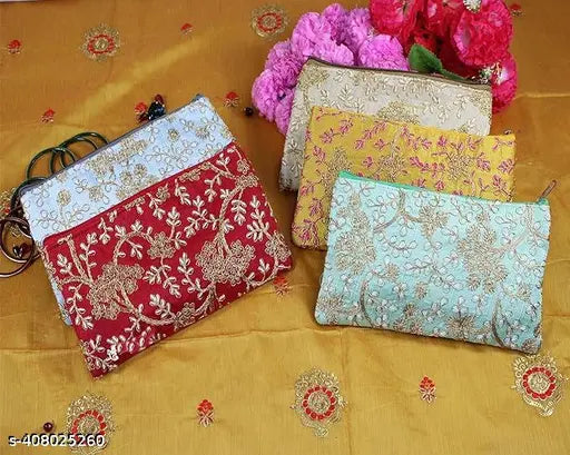 Colorful patterned women's evening clutch bag with zip closure