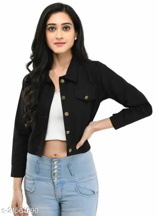 Black denim women's jacket, trendy design, India-origin, sizes S-XL
